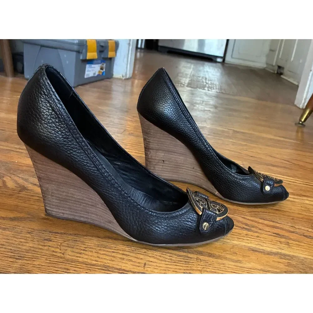 Tory Burch Amanda Black Leather Logo Peep Toe Wedge Heels Shoes  Women's Size 11